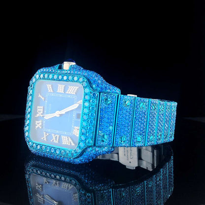 Customized VVS Blue Moissanite Men Watch, Stainless Steel Plated Men Watch For Birthday Gift