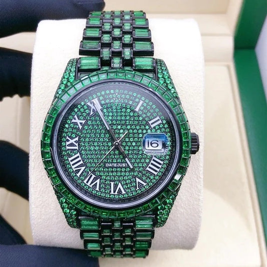 MW  Green Baguette  VVS Moissanite Roman  Dial  Iced Out Stainless Steel  Diamond Hip Hop Bust Down Watch  Studded Watch Automatic Movement Watch Fully Iced out Watch MW_R1029