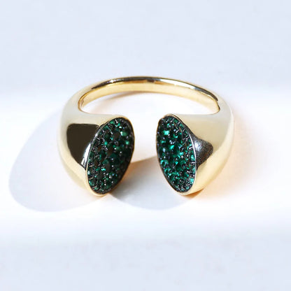 Double Emerald and Moissanite Open Ring – Pear Cut Gemstones with Natural Pave in 925 Sterling Silver | Unique Statement Ring for Women by Evie