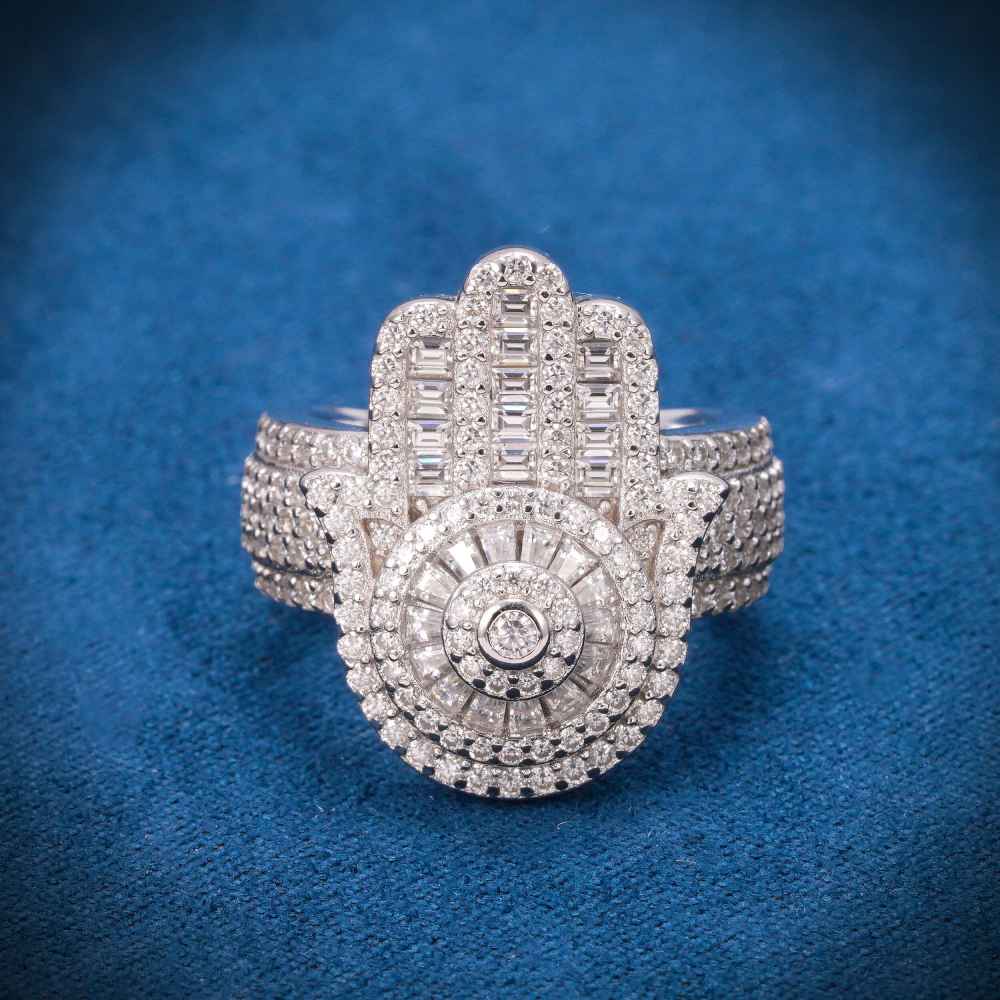 "Moissanite Baguette Hamsa Hand Ring – Iced Out VVS D-Color 925 Sterling Silver Protective Statement Jewelry"