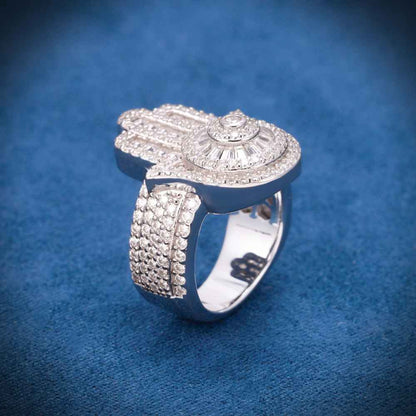 "Moissanite Baguette Hamsa Hand Ring – Iced Out VVS D-Color 925 Sterling Silver Protective Statement Jewelry"