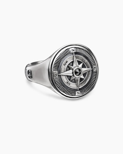 Men's North Star Moissanite & Black Zircon Signet Ring – Handmade 925 Sterling Silver Ring | Unique Silver Jewelry & Anniversary Gift for Him