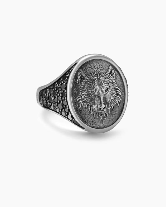 Sterling Silver Alpha Wolf Moissanite Ring – Gothic Pinky Biker Ring for Men | Oxidized 925 Silver Jewelry | Rugged Gift for Him