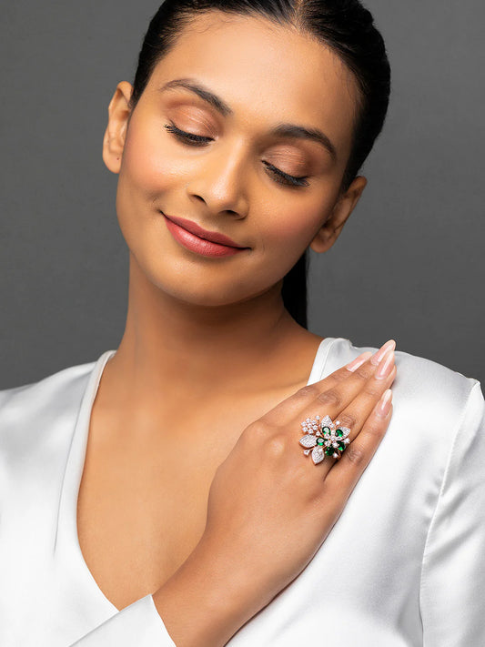"Artificial Green Floral Leaf Cocktail Ring for Women | Rose Gold Plated American Diamond Statement Finger Ring"