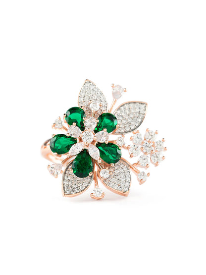 "Artificial Green Floral Leaf Cocktail Ring for Women | Rose Gold Plated American Diamond Statement Finger Ring"