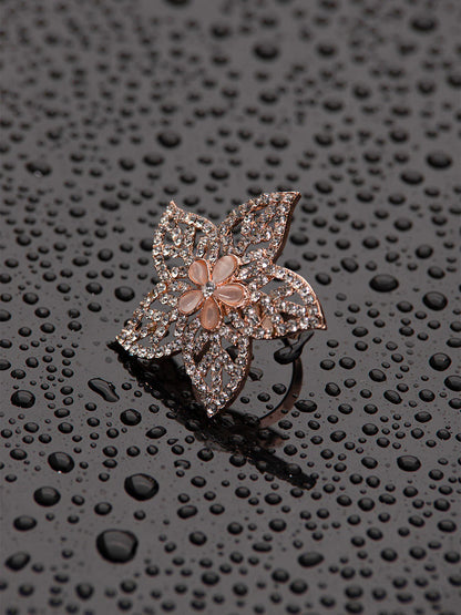 "Priyaasi Artificial Rose Gold Flower Ring for Women | Blooming Floral Design Adjustable Finger Ring"