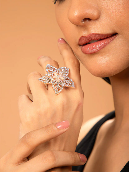 "Priyaasi Artificial Rose Gold Flower Ring for Women | Blooming Floral Design Adjustable Finger Ring"