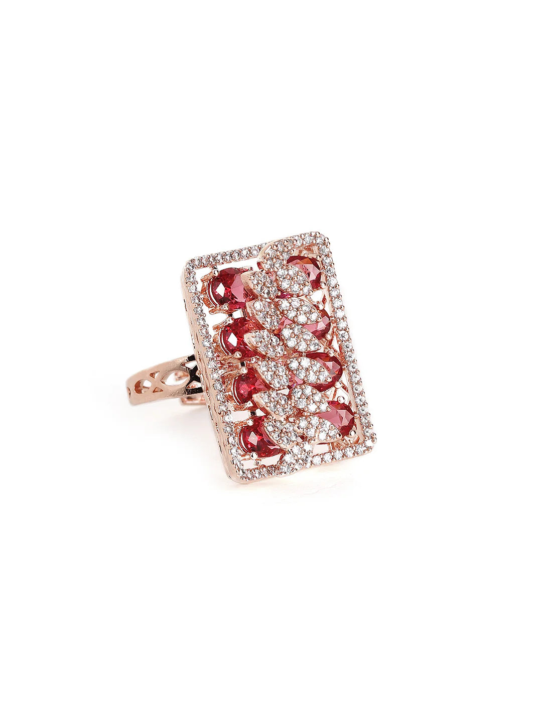 "Artificial Ruby Stoned American Diamond Geometric Ring for Women | Rose Gold Plated Adjustable Finger Ring"