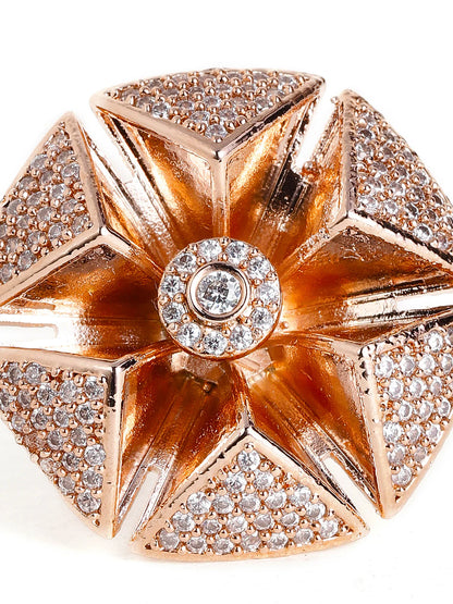 "Artificial American Diamond Floral Ring for Women | Rose Gold Plated Elegant Adjustable Finger Ring"