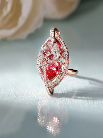 "Artificial Ruby Stone Floral Ring for Women | Rose Gold Plated American Diamond Adjustable Finger Ring – Elegant Party Wear Jewelry"