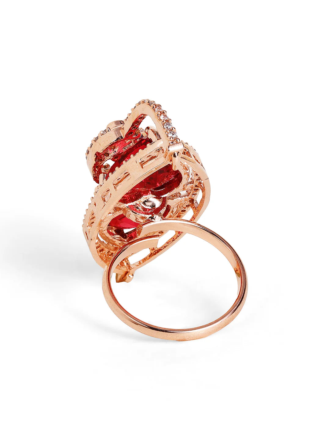 "Artificial Ruby Stone Floral Ring for Women | Rose Gold Plated American Diamond Adjustable Finger Ring – Elegant Party Wear Jewelry"