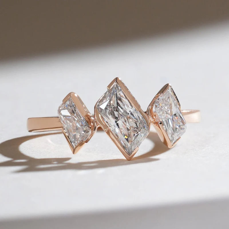 Three Stone Radiant Cut Moissanite Ring – Modern Rose Gold Bezel Set 925 Sterling Silver Statement Ring for Women