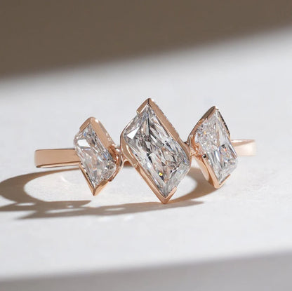 Three Stone Radiant Cut Moissanite Ring – Modern Rose Gold Bezel Set 925 Sterling Silver Statement Ring for Women