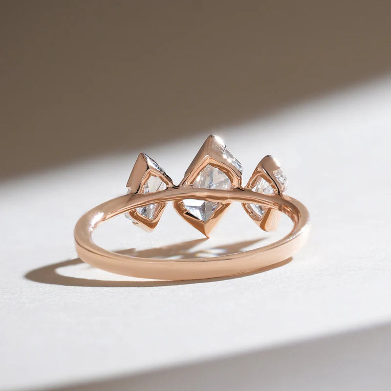 Three Stone Radiant Cut Moissanite Ring – Modern Rose Gold Bezel Set 925 Sterling Silver Statement Ring for Women