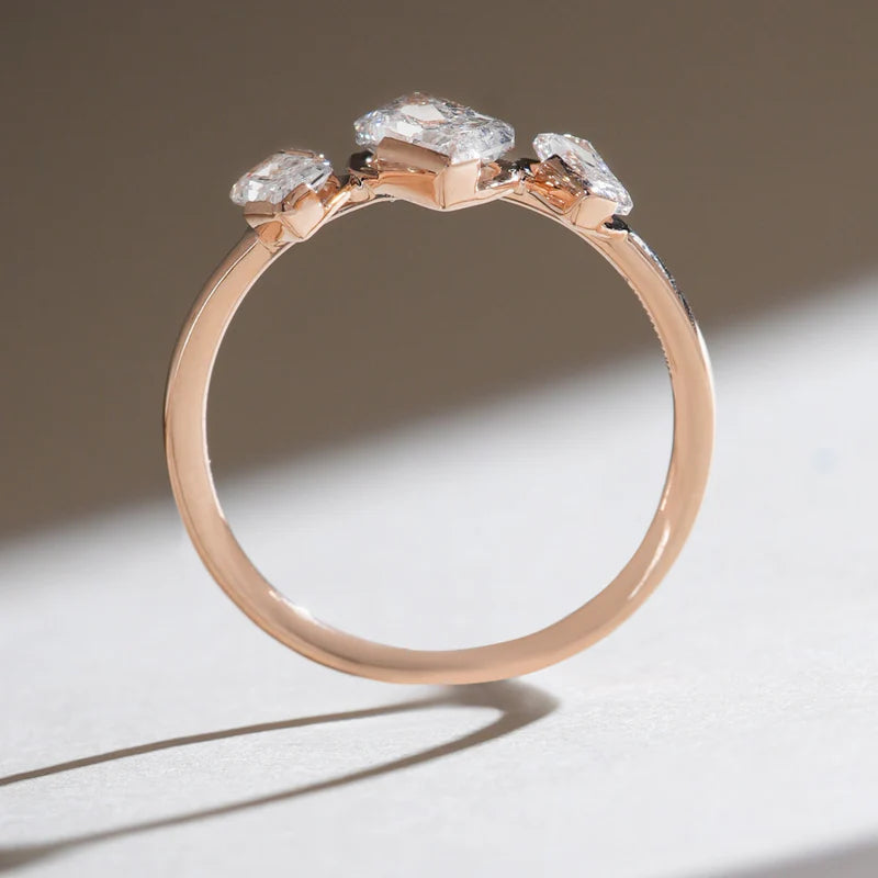 Three Stone Radiant Cut Moissanite Ring – Modern Rose Gold Bezel Set 925 Sterling Silver Statement Ring for Women