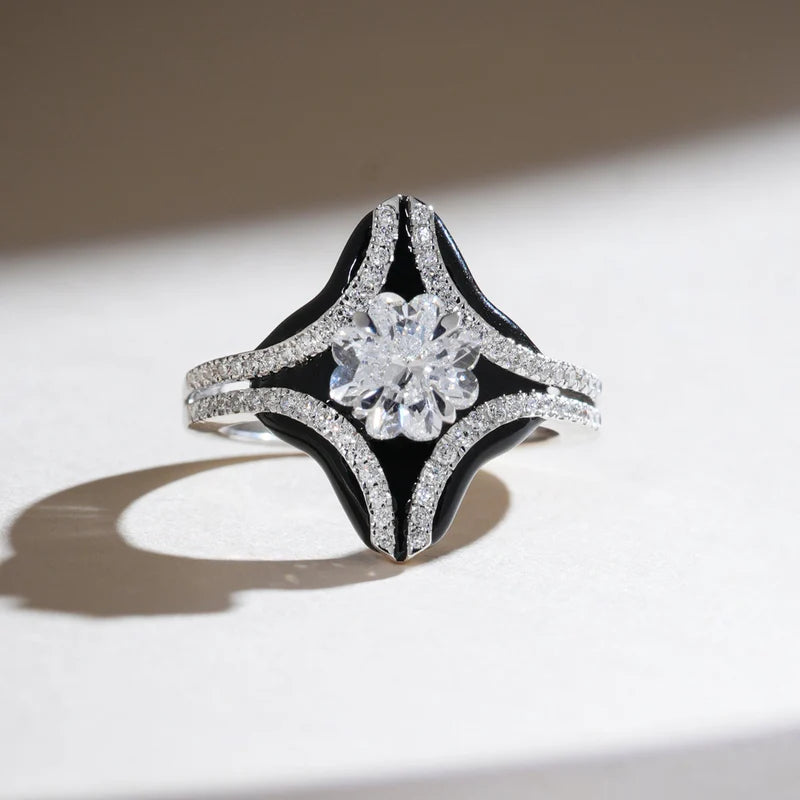 Moissanite Flower Ring – 925 Sterling Silver Black Enamel Statement Ring with Diamond Accents for Women