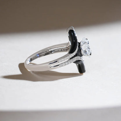Moissanite Flower Ring – 925 Sterling Silver Black Enamel Statement Ring with Diamond Accents for Women