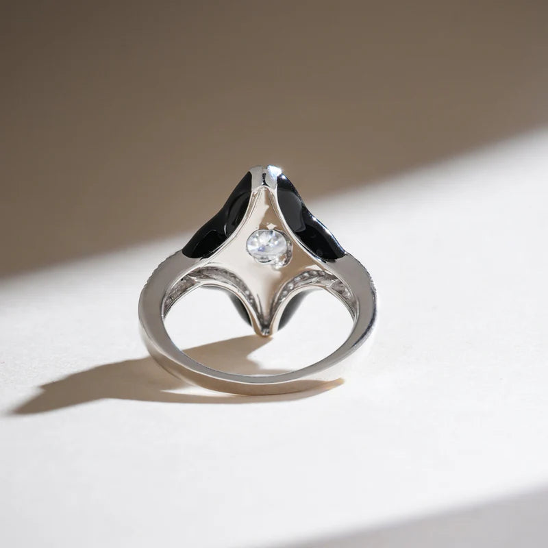 Moissanite Flower Ring – 925 Sterling Silver Black Enamel Statement Ring with Diamond Accents for Women