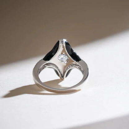 Moissanite Flower Ring – 925 Sterling Silver Black Enamel Statement Ring with Diamond Accents for Women
