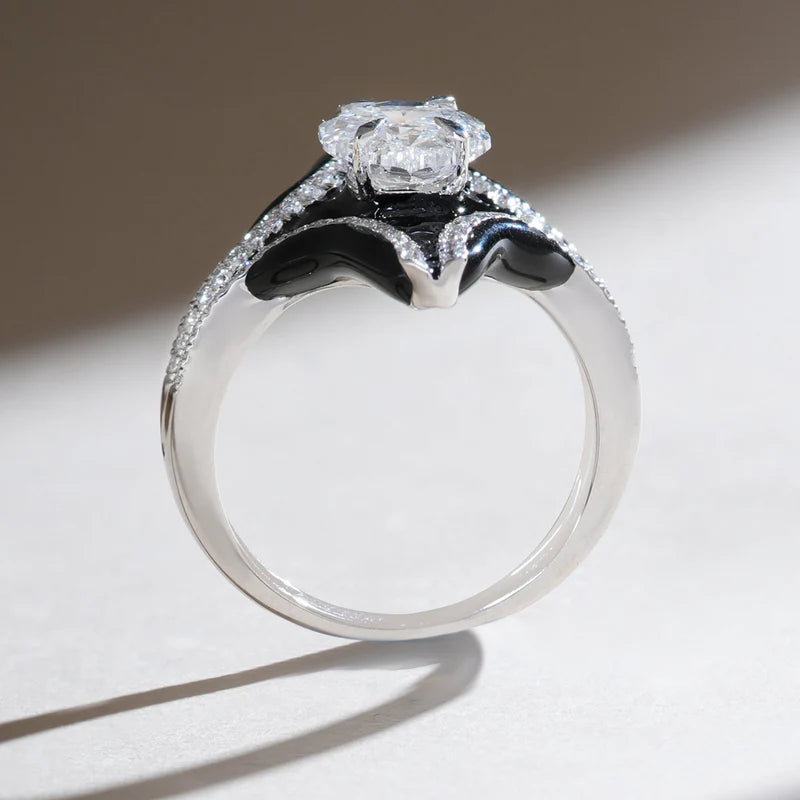 Moissanite Flower Ring – 925 Sterling Silver Black Enamel Statement Ring with Diamond Accents for Women