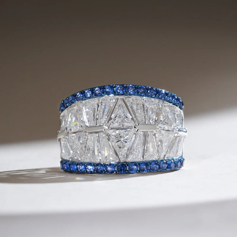 Wide Moissanite & Blue Sapphire Band Ring – 925 Sterling Silver Baguette Cut Statement Ring for Women | Luxury Bold Jewelry Gift