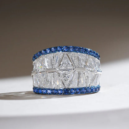Wide Moissanite & Blue Sapphire Band Ring – 925 Sterling Silver Baguette Cut Statement Ring for Women | Luxury Bold Jewelry Gift
