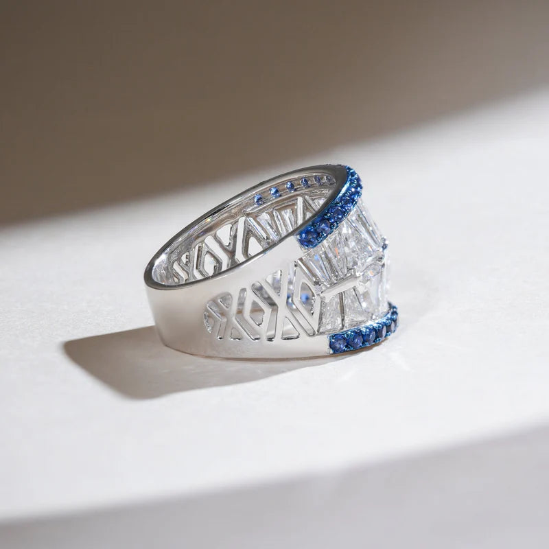 Wide Moissanite & Blue Sapphire Band Ring – 925 Sterling Silver Baguette Cut Statement Ring for Women | Luxury Bold Jewelry Gift