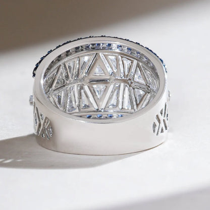 Wide Moissanite & Blue Sapphire Band Ring – 925 Sterling Silver Baguette Cut Statement Ring for Women | Luxury Bold Jewelry Gift