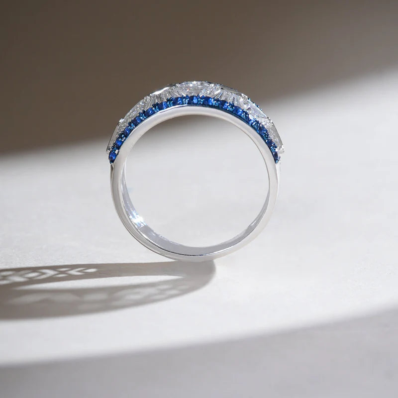 Wide Moissanite & Blue Sapphire Band Ring – 925 Sterling Silver Baguette Cut Statement Ring for Women | Luxury Bold Jewelry Gift