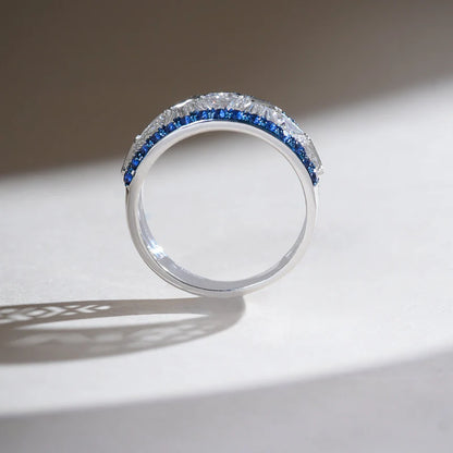 Wide Moissanite & Blue Sapphire Band Ring – 925 Sterling Silver Baguette Cut Statement Ring for Women | Luxury Bold Jewelry Gift