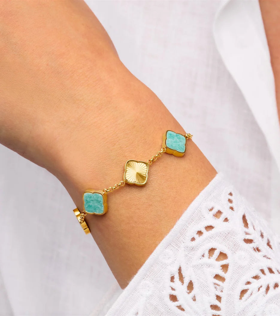5mm Moissanite Amazonite & Fluted Clover Bracelet in Gold – VVS Diamond-Look Elegant Charm Jewelry for Women in Yellow, Rose & White Gold Finishes