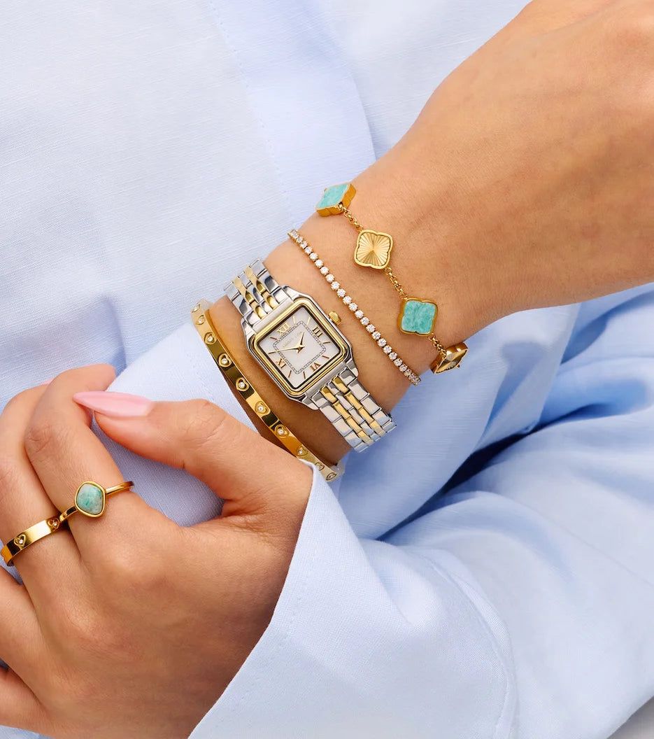 5mm Moissanite Amazonite & Fluted Clover Bracelet in Gold – VVS Diamond-Look Elegant Charm Jewelry for Women in Yellow, Rose & White Gold Finishes
