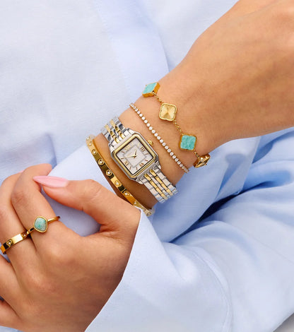 5mm Moissanite Amazonite & Fluted Clover Bracelet in Gold – VVS Diamond-Look Elegant Charm Jewelry for Women in Yellow, Rose & White Gold Finishes