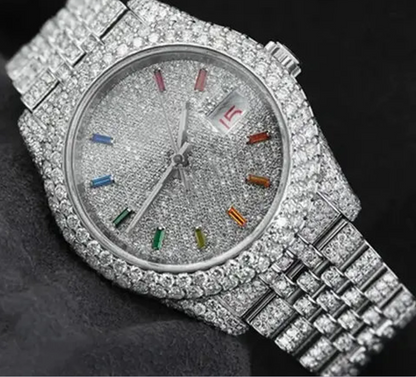 MW Analog Swiss Movement  Round Dial Watch  Iced Out VVS Diamond Hip Hop Bust Down Watch  Studded Watch Automatic Movement Watch Fully Iced out Watch MW_R1017