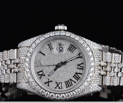 MW Fully  Round Roman Dial Watch  Iced Out VVS Moissanite Stainless Steel  Diamond Hip Hop Bust Down Watch  Studded Watch Automatic Movement Watch Fully Iced out Watch MW_R1014