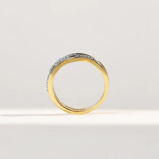 Yellow Gold Criss Cross Moissanite Ring – Handmade Round Cut Ring in 925 Sterling Silver – Unique Birthday or Valentine’s Gift for Her