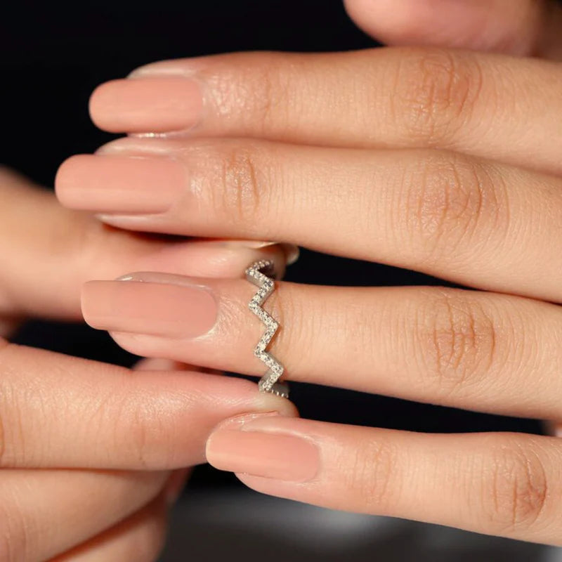 Zig Zag Round Cut Moissanite Wedding Band – 925 Sterling Silver Wave Half Eternity Ring | Unique Promise or Anniversary Band for Her