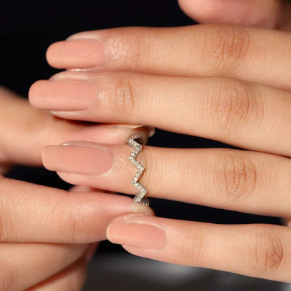 Zig Zag Round Cut Moissanite Wedding Band – 925 Sterling Silver Wave Half Eternity Ring | Unique Promise or Anniversary Band for Her