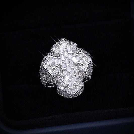 "Moissanite Fleur Cross Ring – VVS D-Color Iced Out 925 Sterling Silver Gothic Statement Ring for Men"