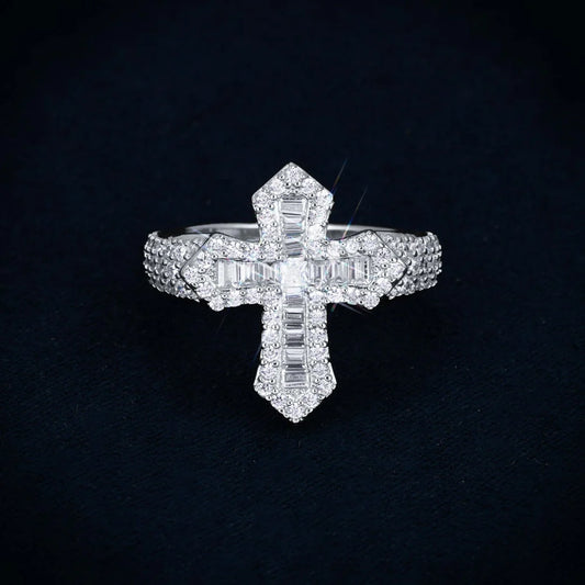 "Moissanite Gothic Cross Ring – VVS D-Color Iced Out 925 Sterling Silver Statement Ring for Men"