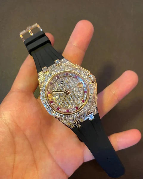 Full Iced Out VVS Baguette Moissanite Diamond Men's Watch, 42mm White Gold Plated Silicon Clasp Chronograph Working