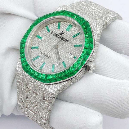 Green Baguette Emerald & Round VVS Moissanite Diamond Men's Watch, Self-Winding White Gold Plated 42mm