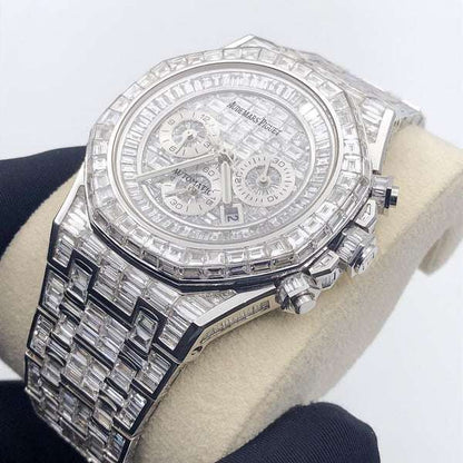 Exceptional Iced Out Automatic Chronograph Watch, VVS Baguette Diamond Men's 42mm Stainless Steel White Gold Plated