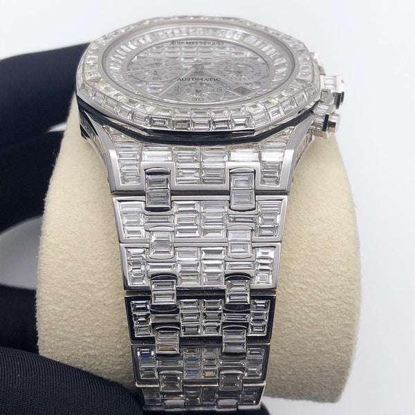 Exceptional Iced Out Automatic Chronograph Watch, VVS Baguette Diamond Men's 42mm Stainless Steel White Gold Plated