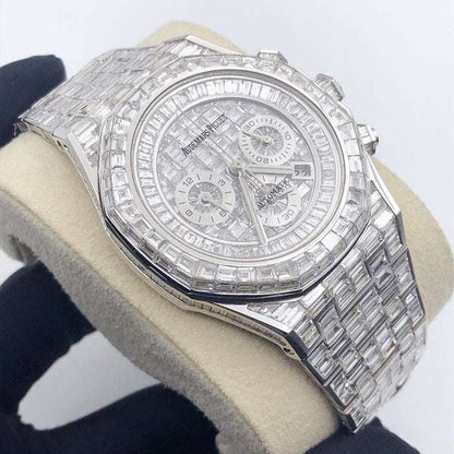 Exceptional Iced Out Automatic Chronograph Watch, VVS Baguette Diamond Men's 42mm Stainless Steel White Gold Plated