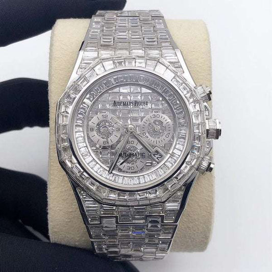 Exceptional Iced Out Automatic Chronograph Watch, VVS Baguette Diamond Men's 42mm Stainless Steel White Gold Plated