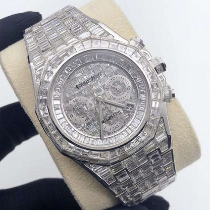 Exceptional Iced Out Automatic Chronograph Watch, VVS Baguette Diamond Men's 42mm Stainless Steel White Gold Plated