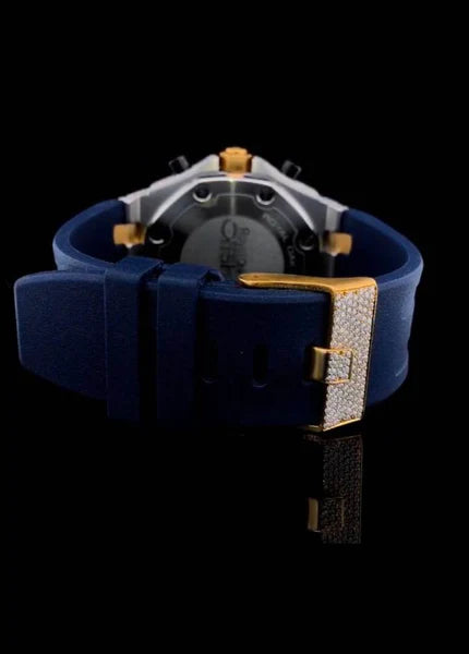 Iced Out Yellow & White Gold Plated VVS Diamond Men's Watch, 42mm Blue Silicon Band Chronograph Working