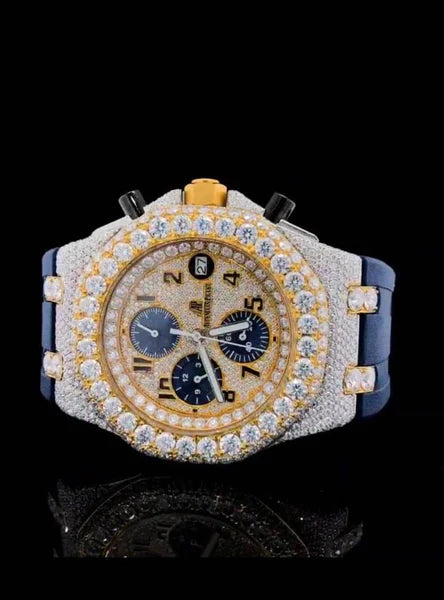 Iced Out Yellow & White Gold Plated VVS Diamond Men's Watch, 42mm Blue Silicon Band Chronograph Working