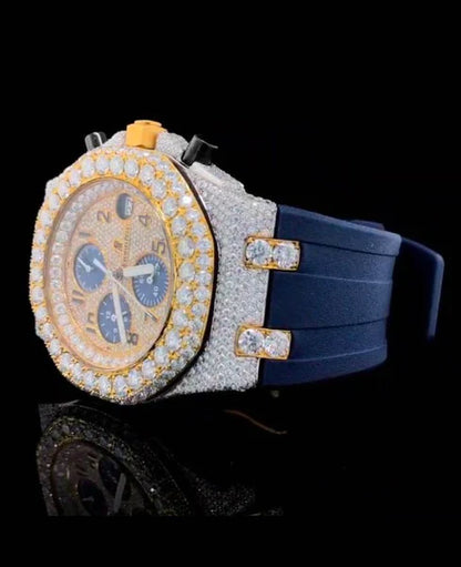 Iced Out Yellow & White Gold Plated VVS Diamond Men's Watch, 42mm Blue Silicon Band Chronograph Working